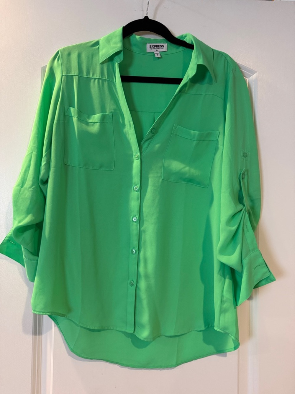 Express Neon Green Roll-Tab Button-Down Blouse